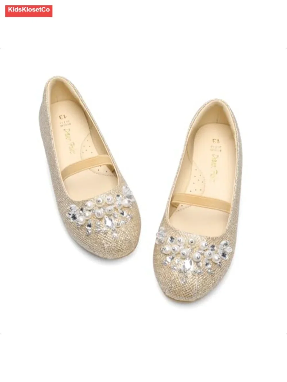 Girls Ballet Flats with Pearls Rhinestones Elastic Strap Dress Shoes